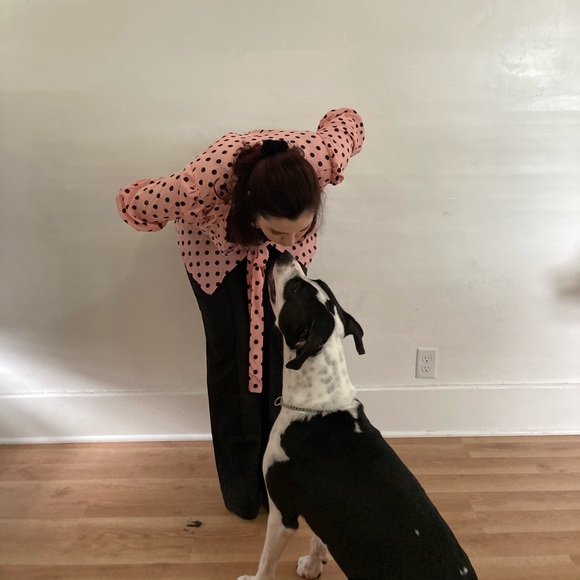 Pink polka dot blouse/black flare bottom pants. - Picture 3 of 5